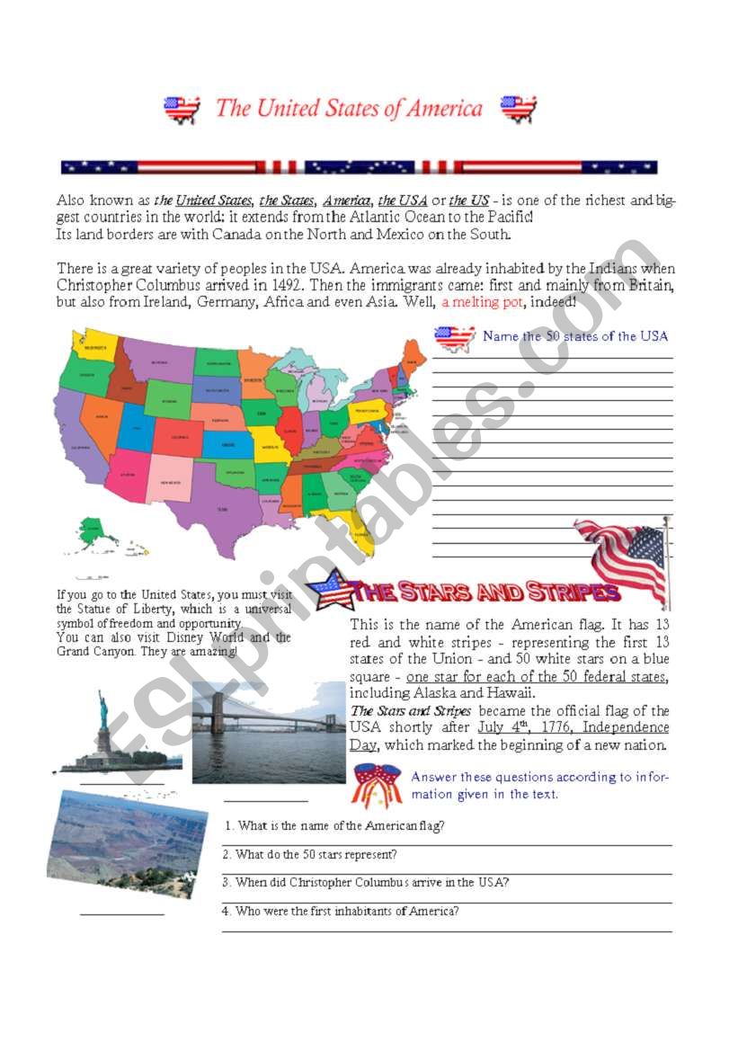 The United States of America  worksheet