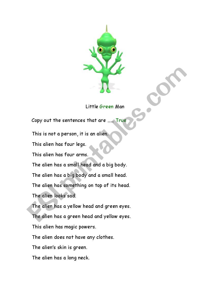 Alien Comprehension worksheet