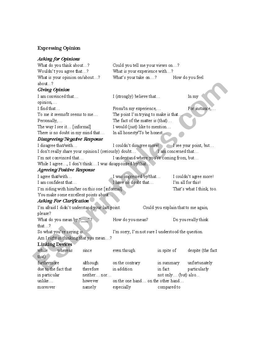 Expressing opinions worksheet