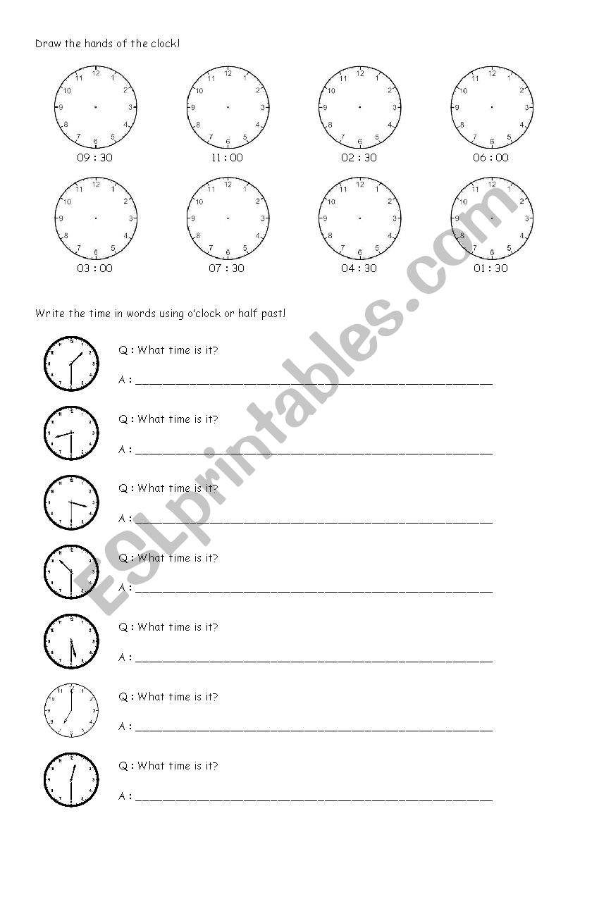Time (Half Past and OClock) worksheet