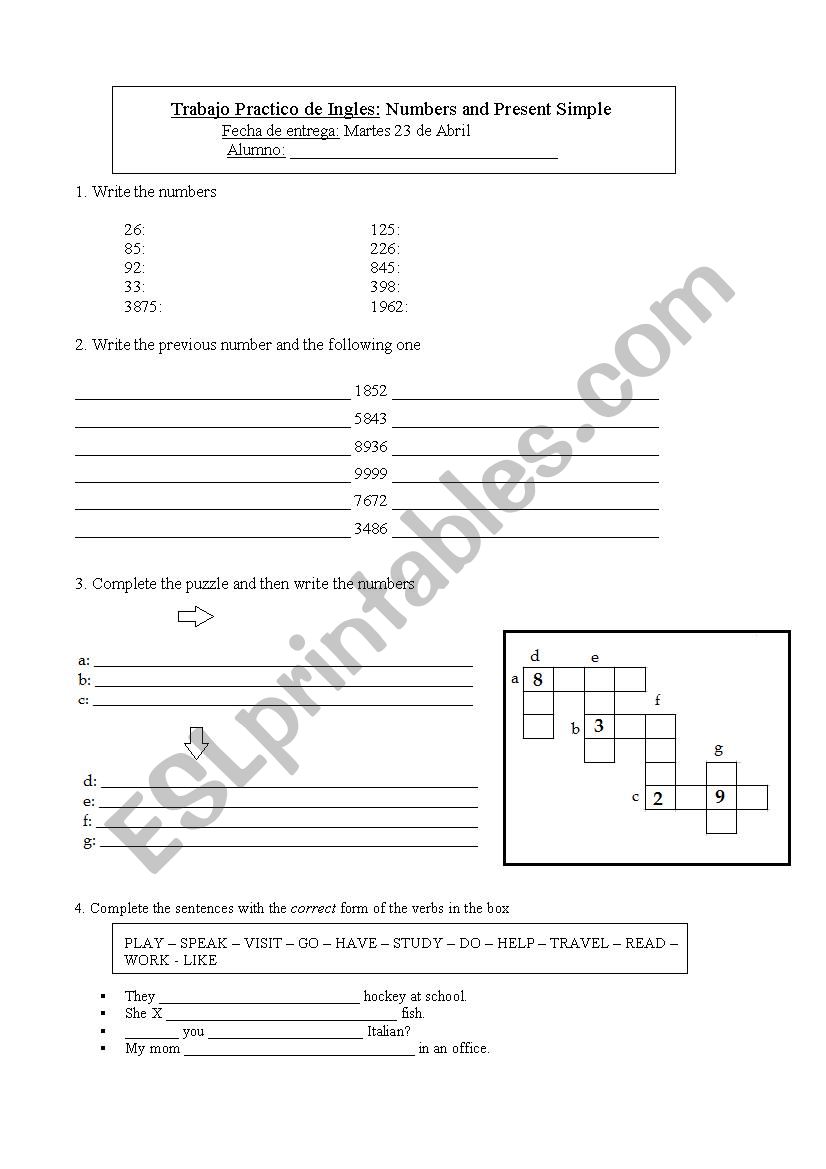 test! Numbers and verbs worksheet