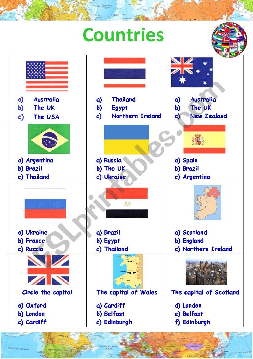 Countries - multiple choice worksheet