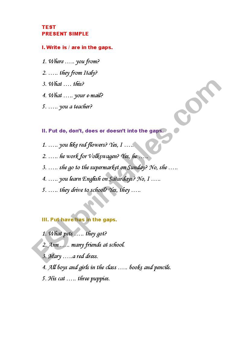 Present Simple Test worksheet