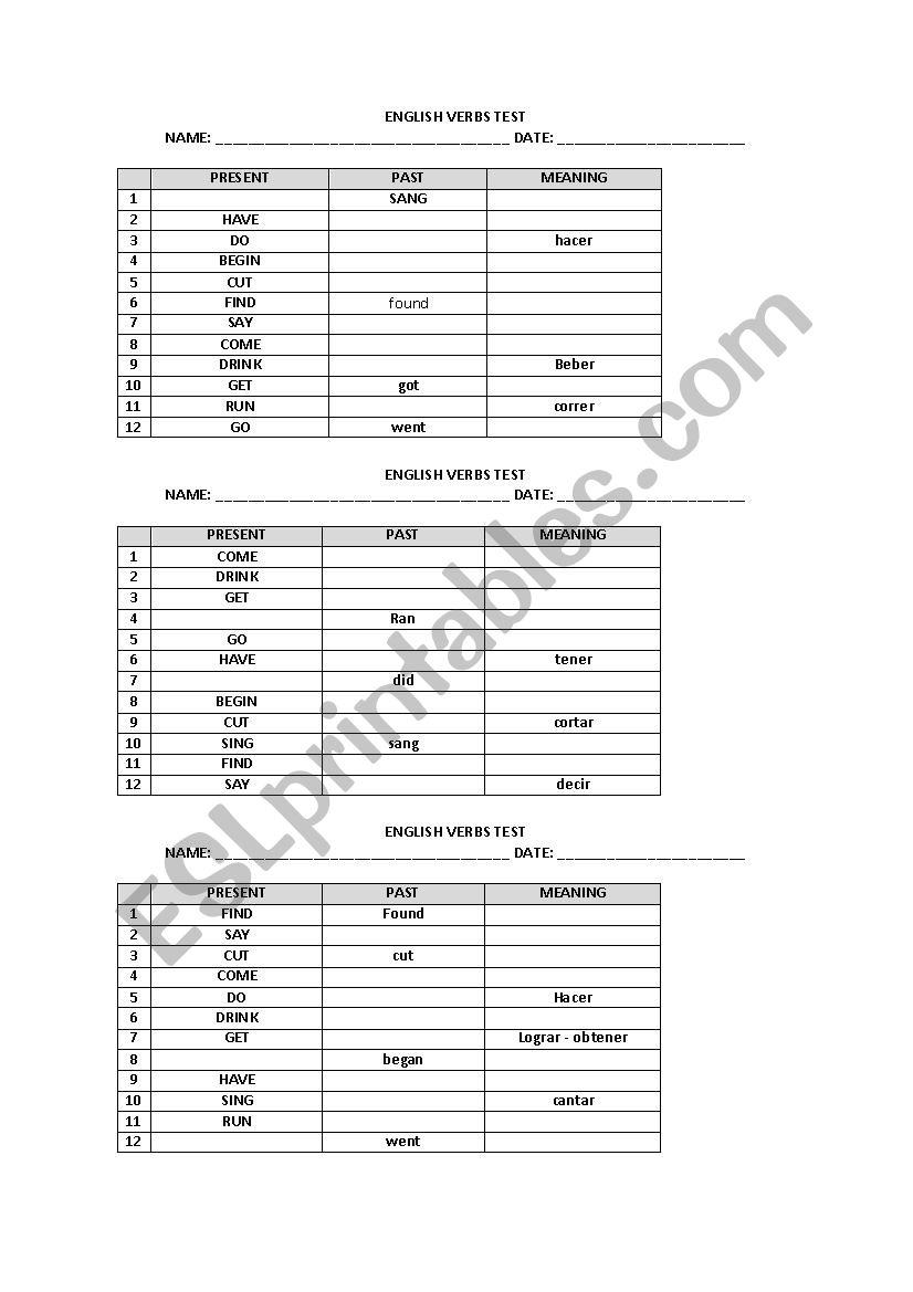 ENGLISH VERBS TEST  worksheet