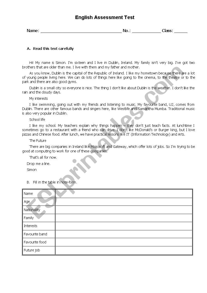 Test 7th grade worksheet