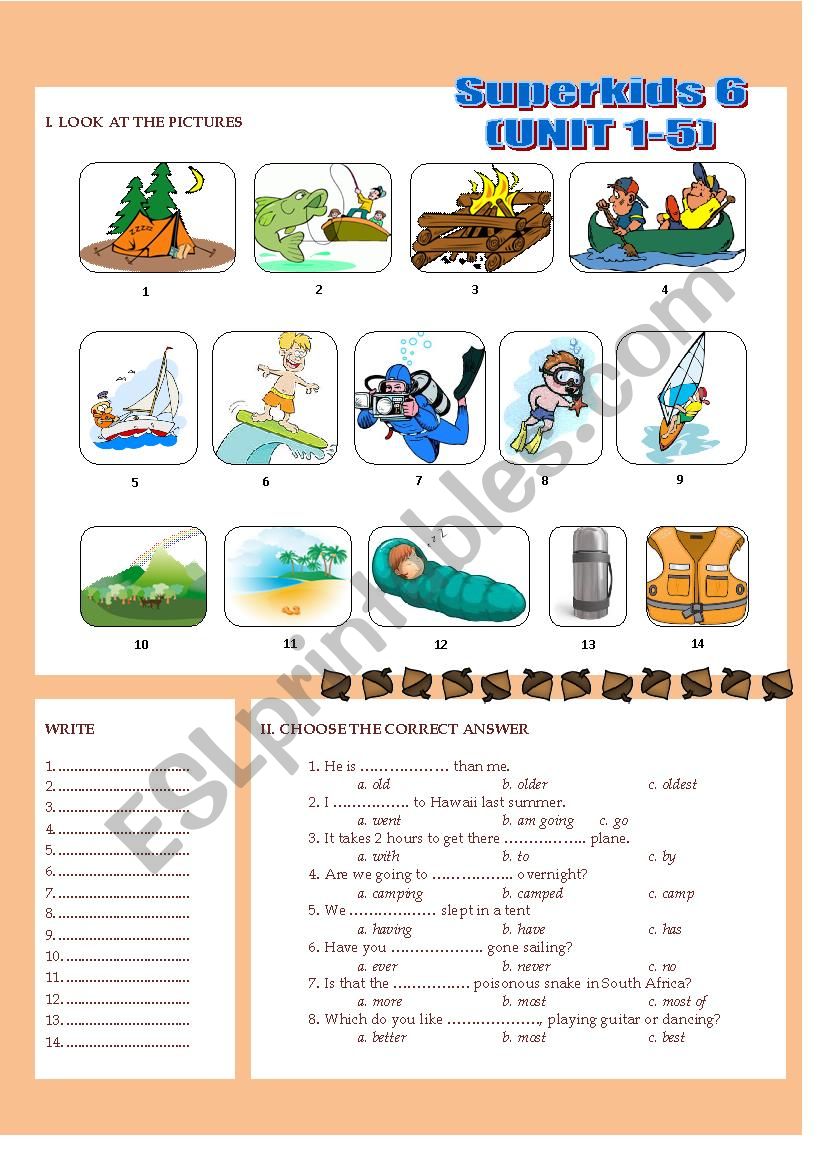 Mini test for the Book Superkids 6 (Unit 1 - 5) with ANSWER KEY