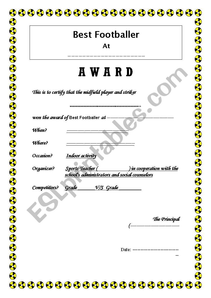 Award (Best Football Player) worksheet