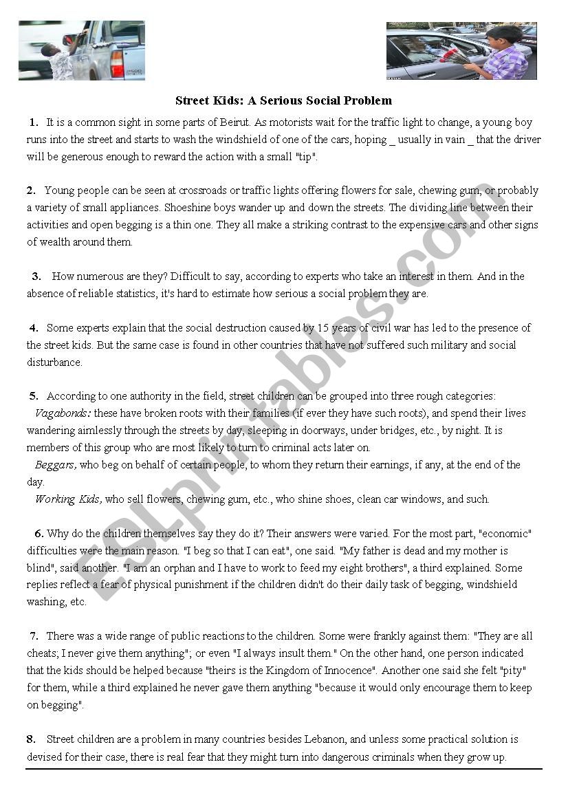 street children exam worksheet