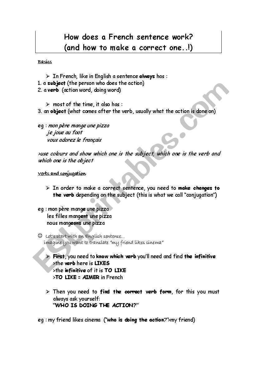 How a French sentence work worksheet