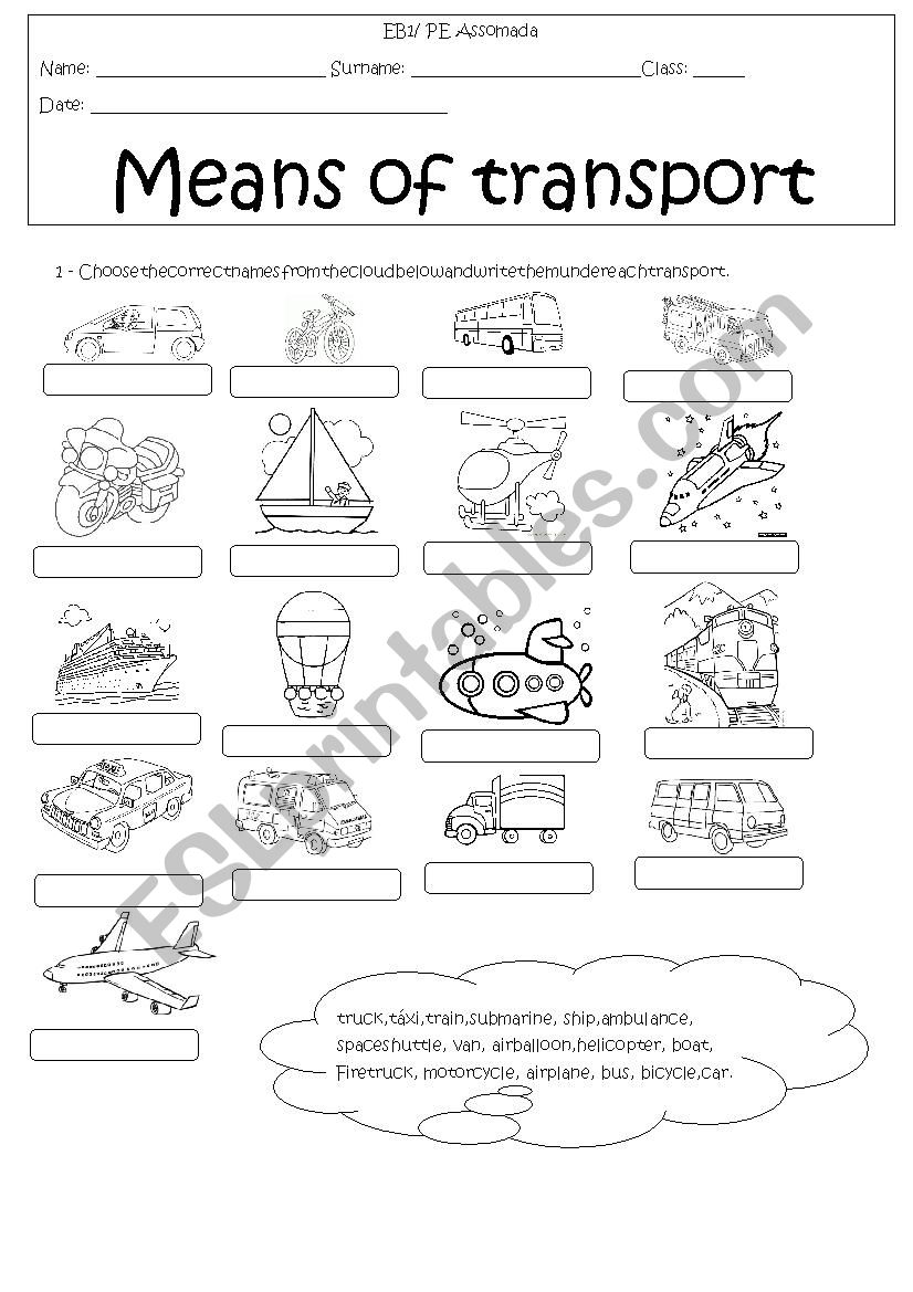 means of transport worksheet