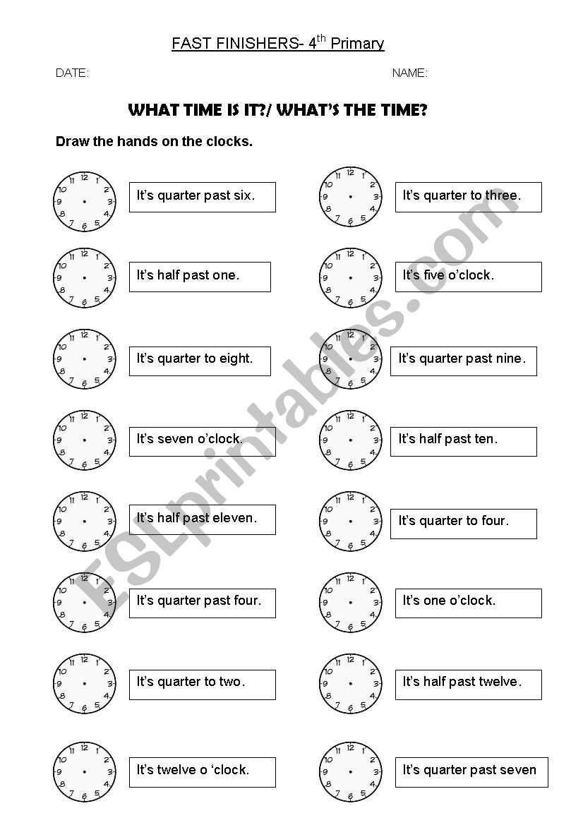 Draw the hands on the clock. worksheet