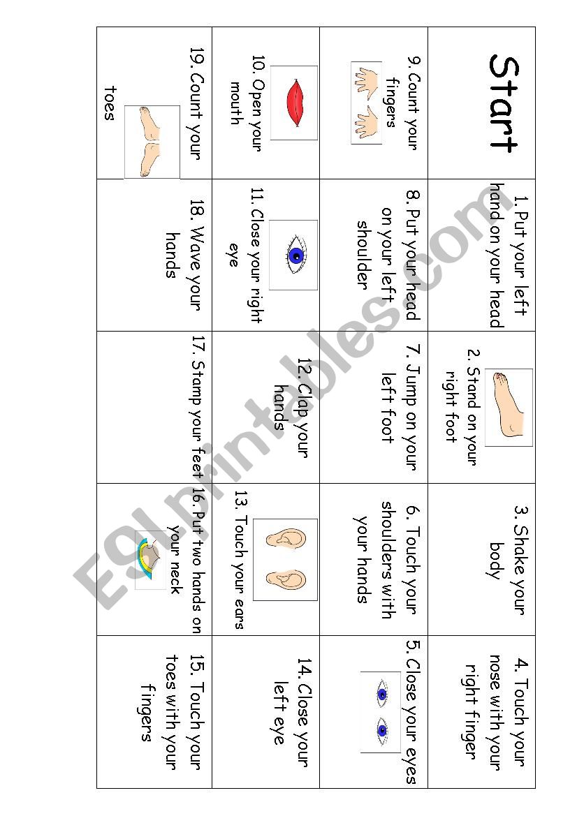 Body Parts Action Board Game worksheet