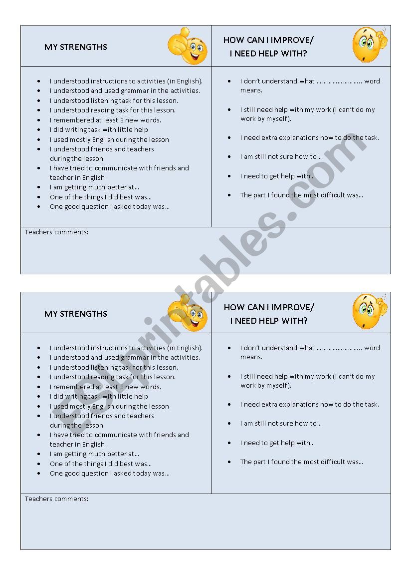 Self evaluation promps worksheet