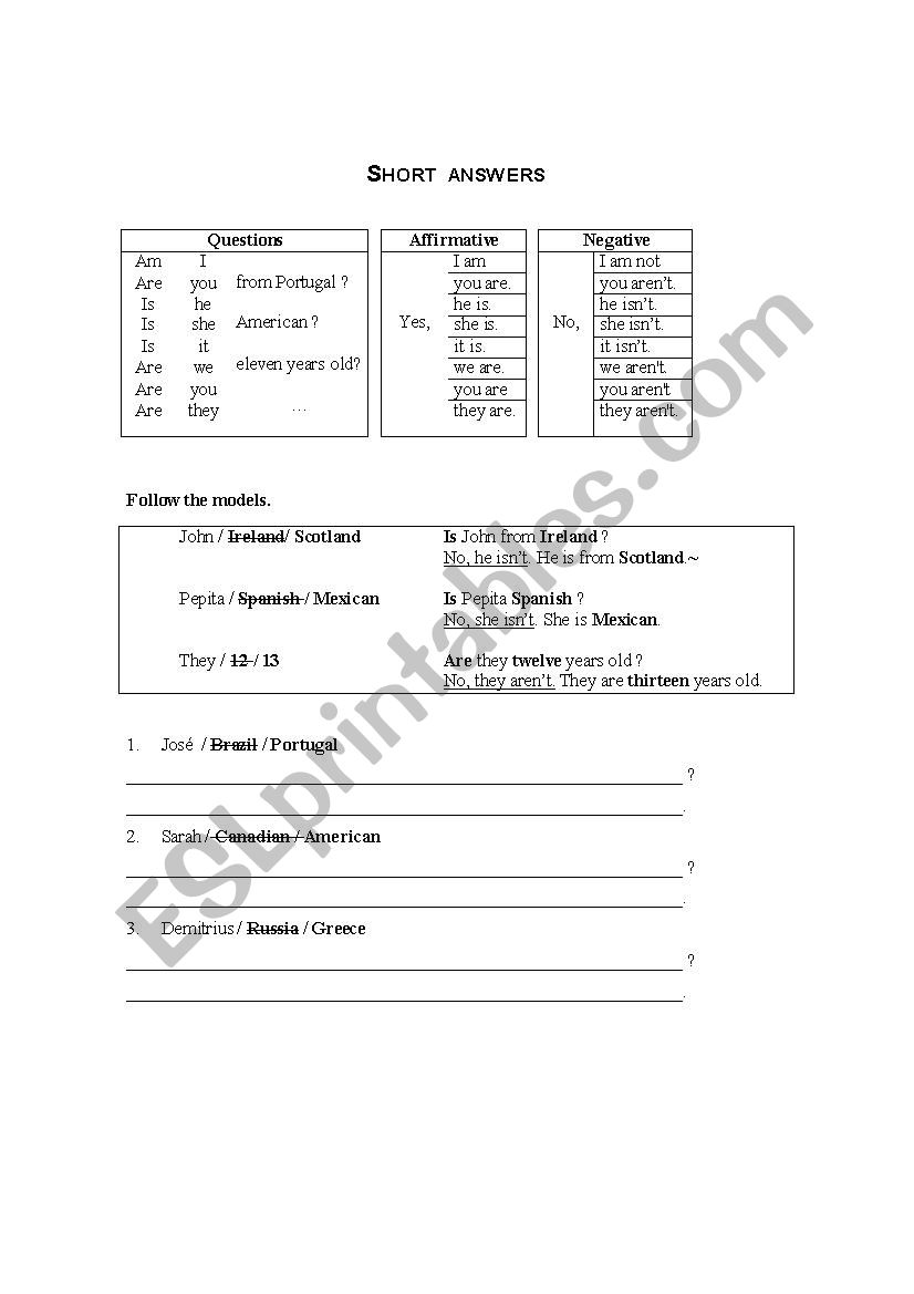 Short Answers worksheet
