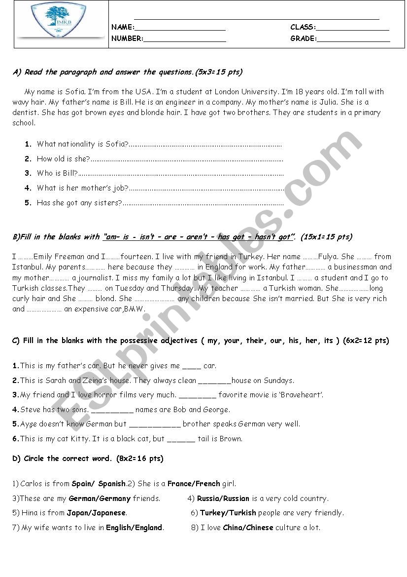 General Revision Worksheet  worksheet