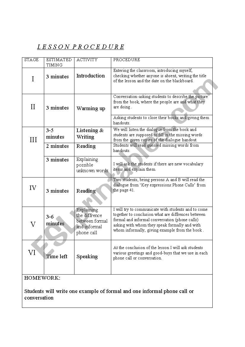 Lesson procedure worksheet