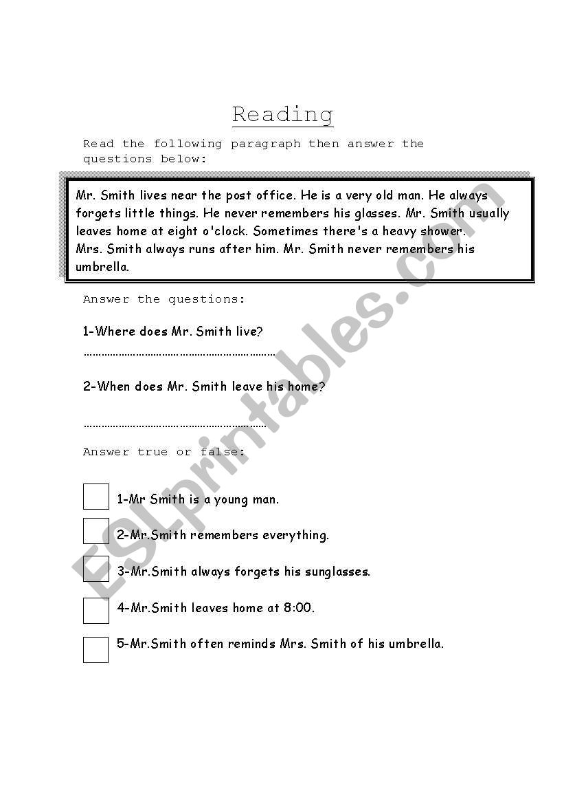 Reading comprehension worksheet