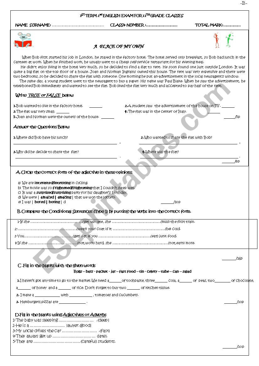 Hgh School Exam worksheet