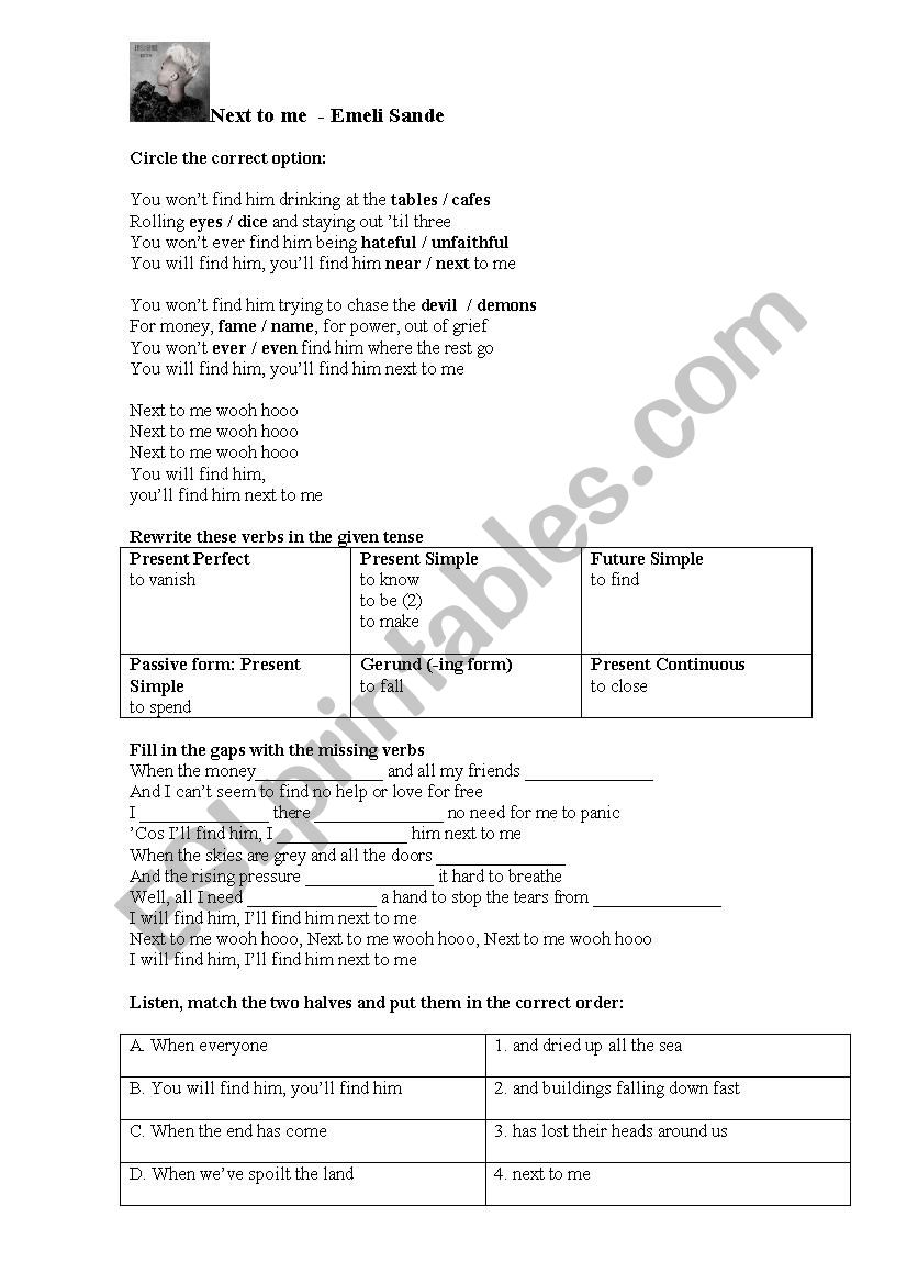 Next to me by Emeli Sande worksheet