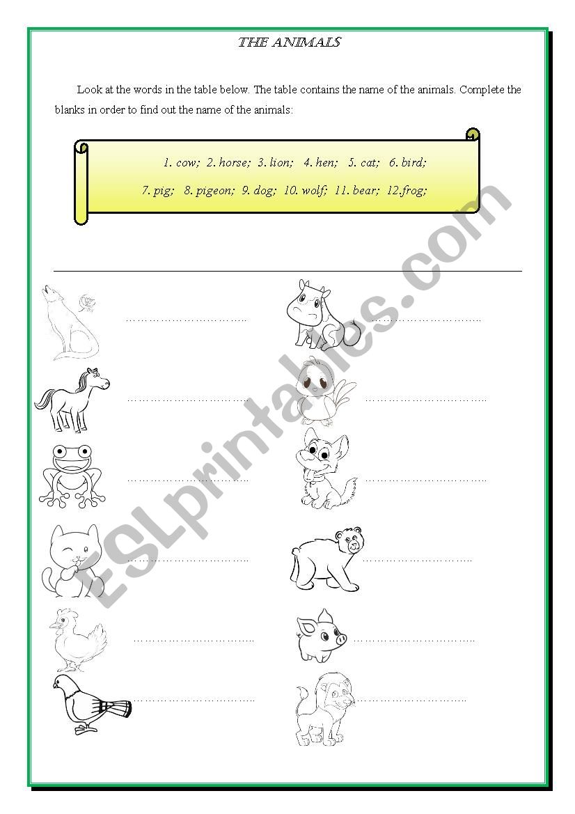 Name the animals worksheet