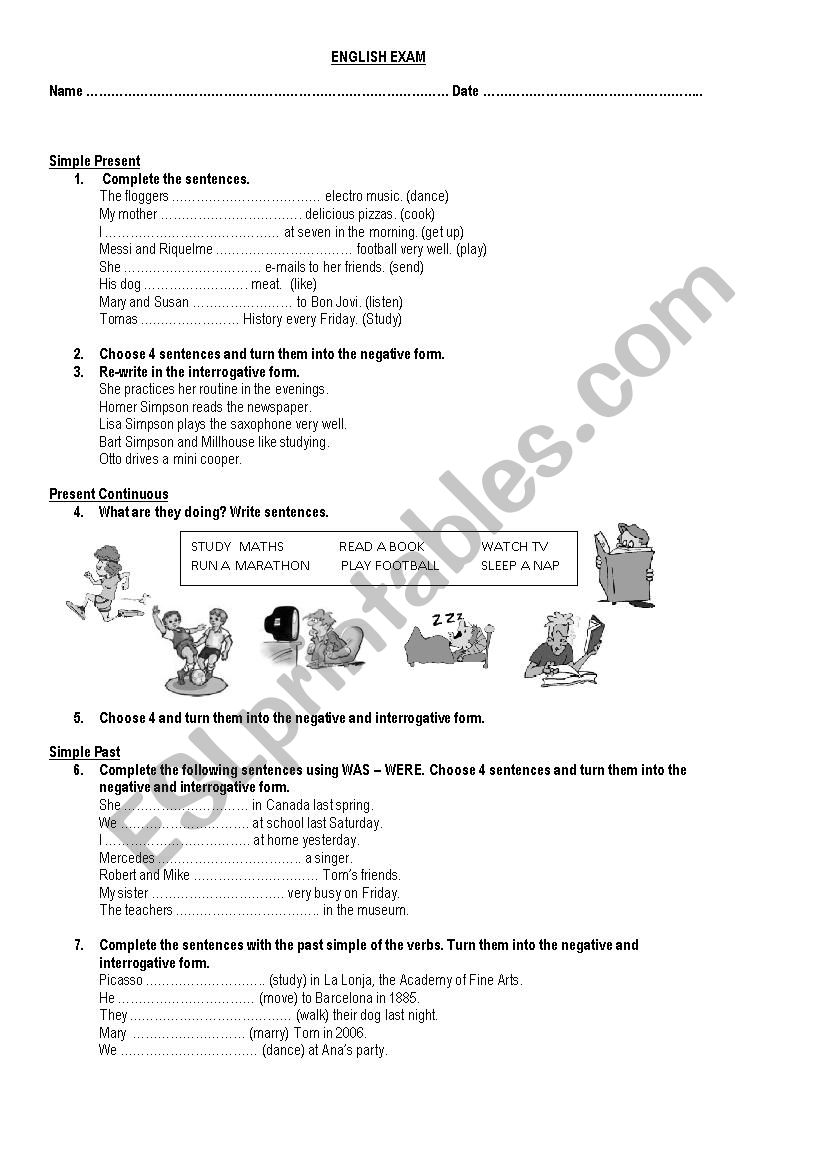 ENGLISH EXAM SIMPLE PRESENT PRESENT CONTINUOUS SIMPLE PAST