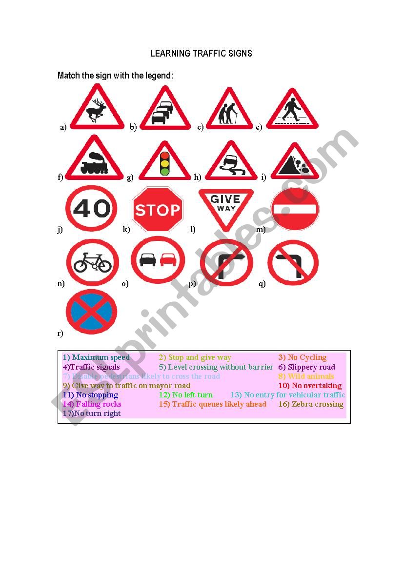 Learning Traffic signs worksheet