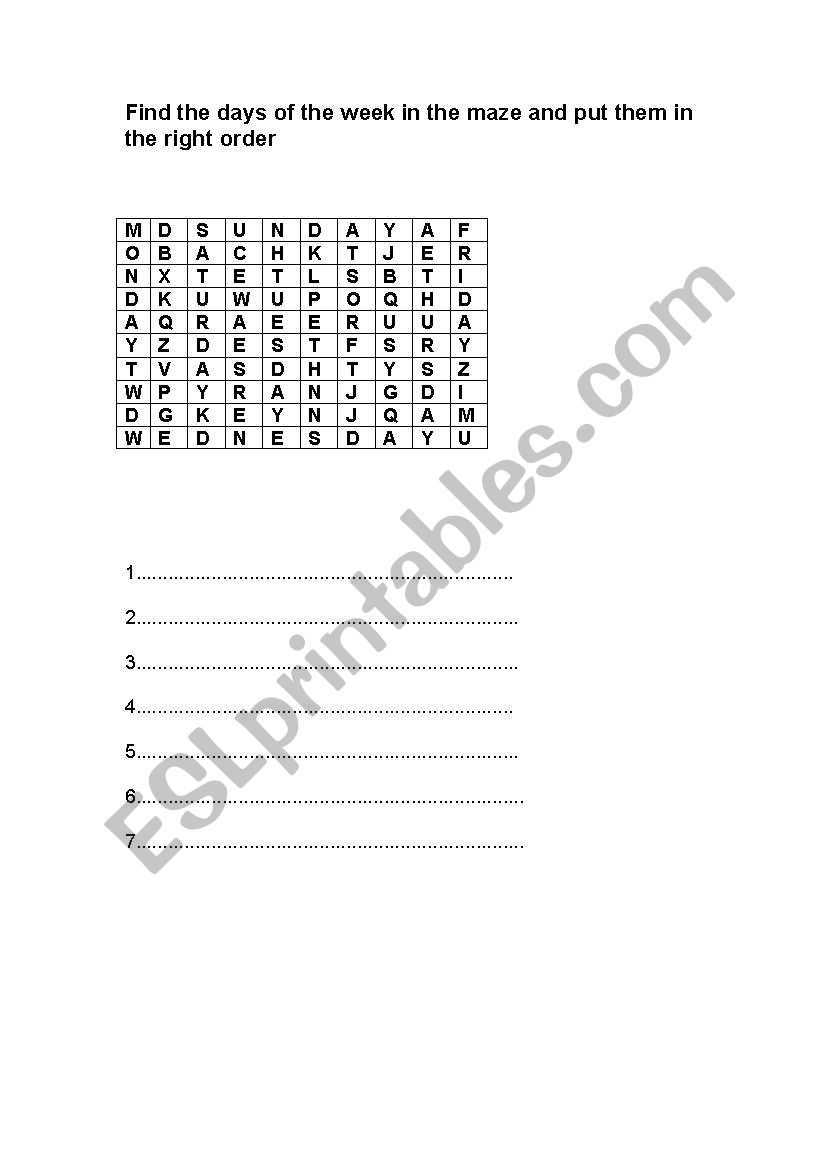 Days of the week maze worksheet