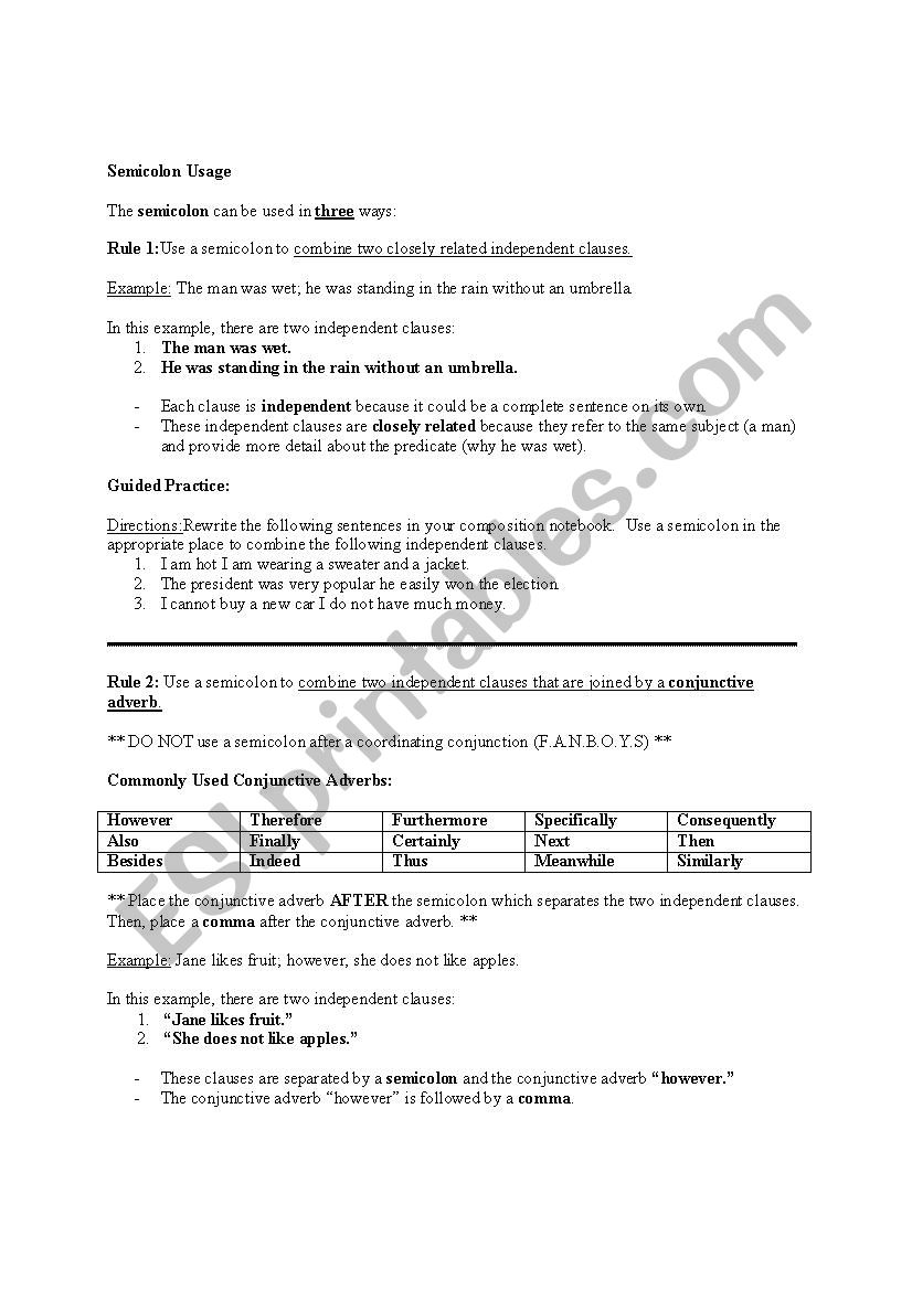 Using a Semicolon: Lesson worksheet