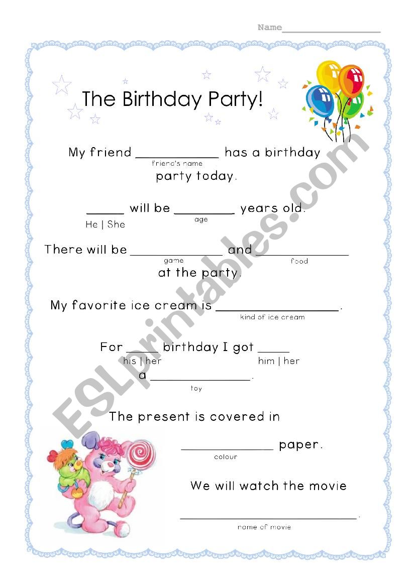 The Birthday Party Fill-In worksheet