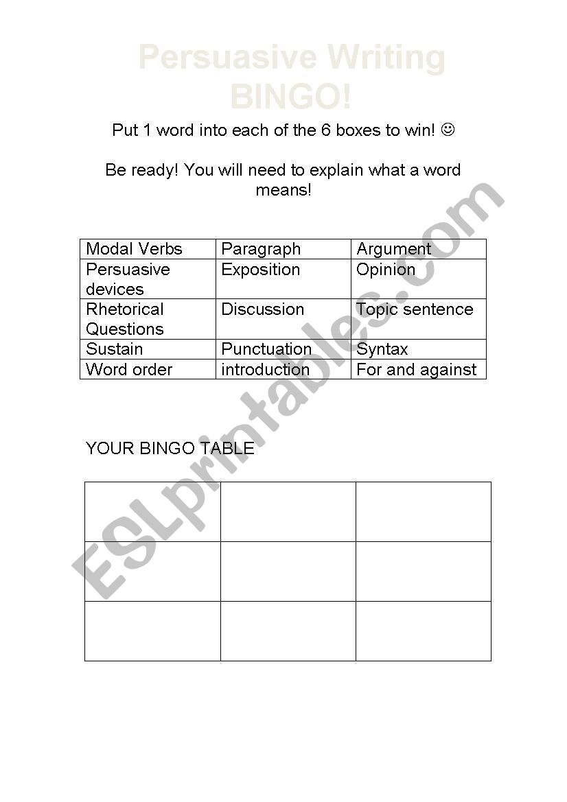 Persuasive Writing Bingo worksheet