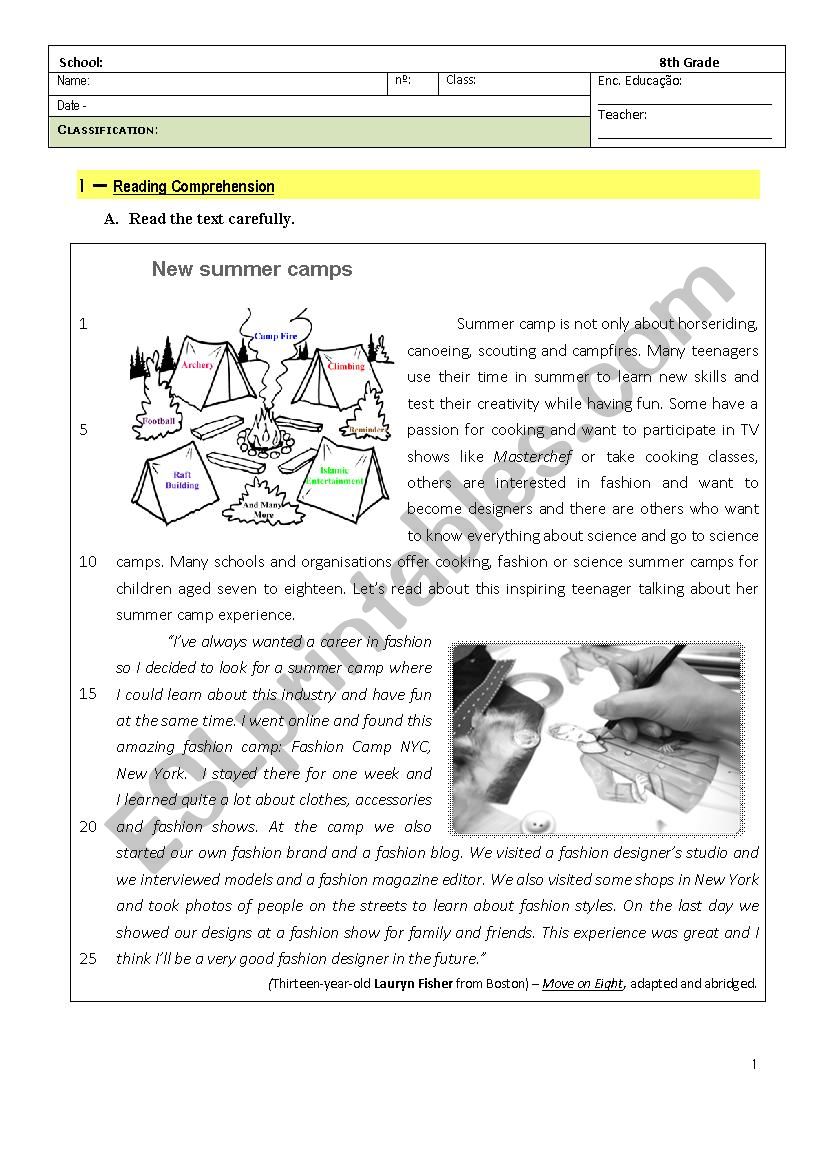 Test - 8th Grade - At a Summer Camp - Fashion - 