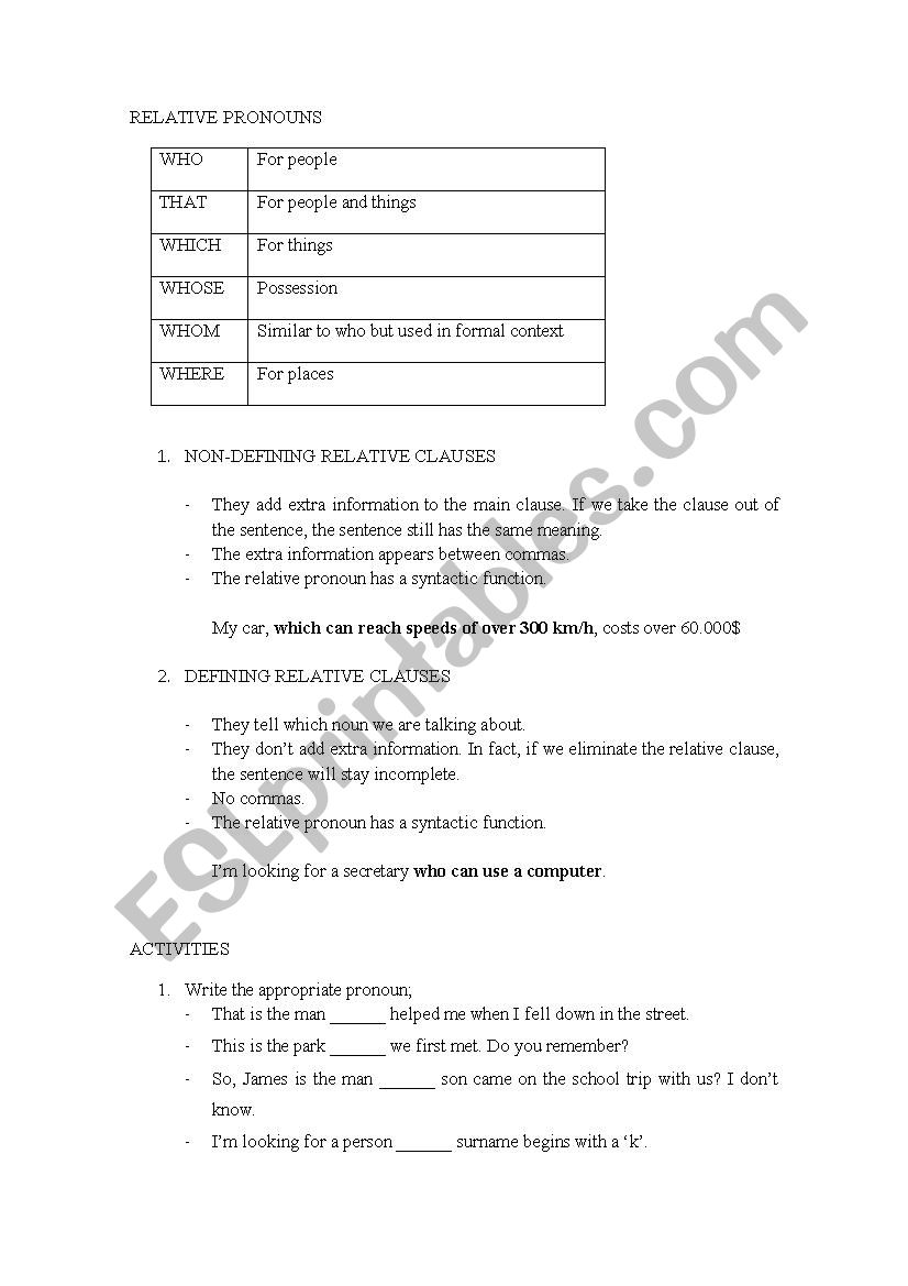 RELATIVE PRONOUNS worksheet