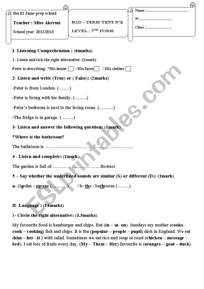 mid term test Two 7th form Tuniasia