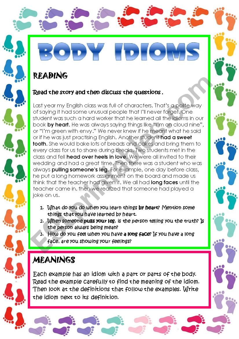 BODY IDIOMS ESL Worksheet By Tetulin