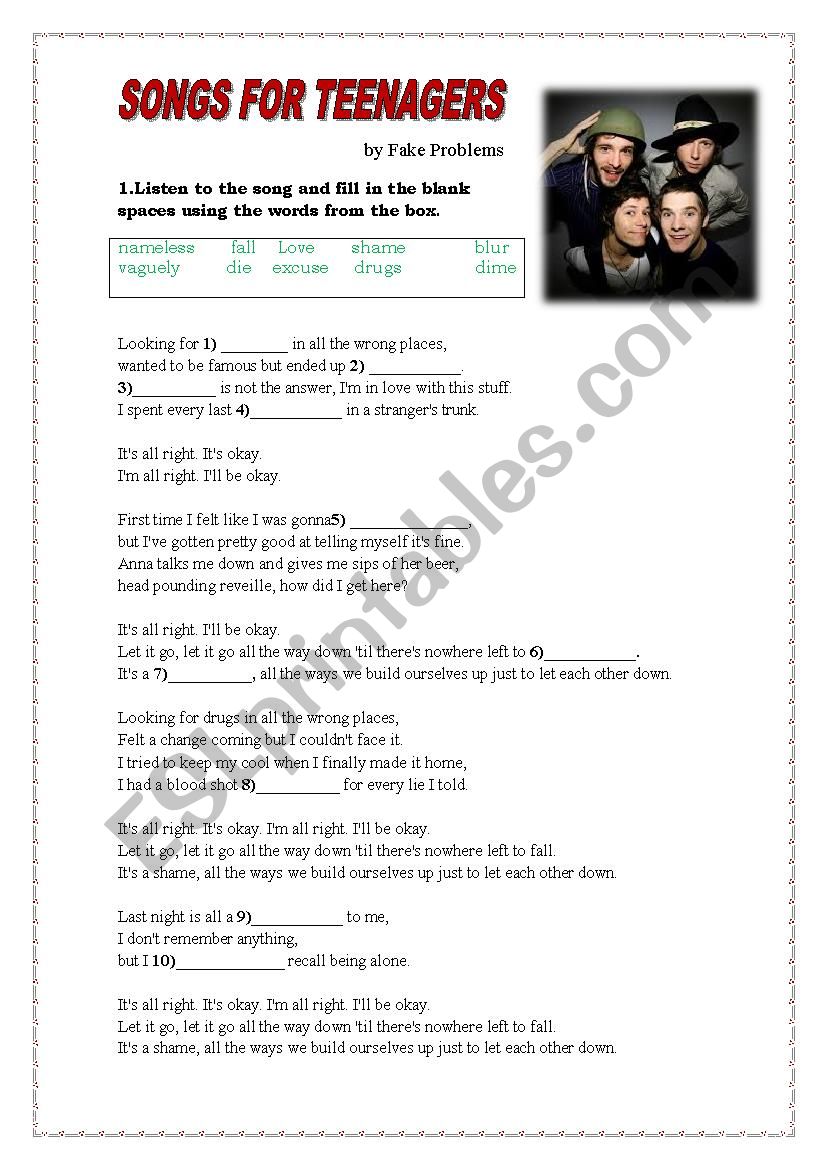 SONGS FOR TEENAGERS worksheet