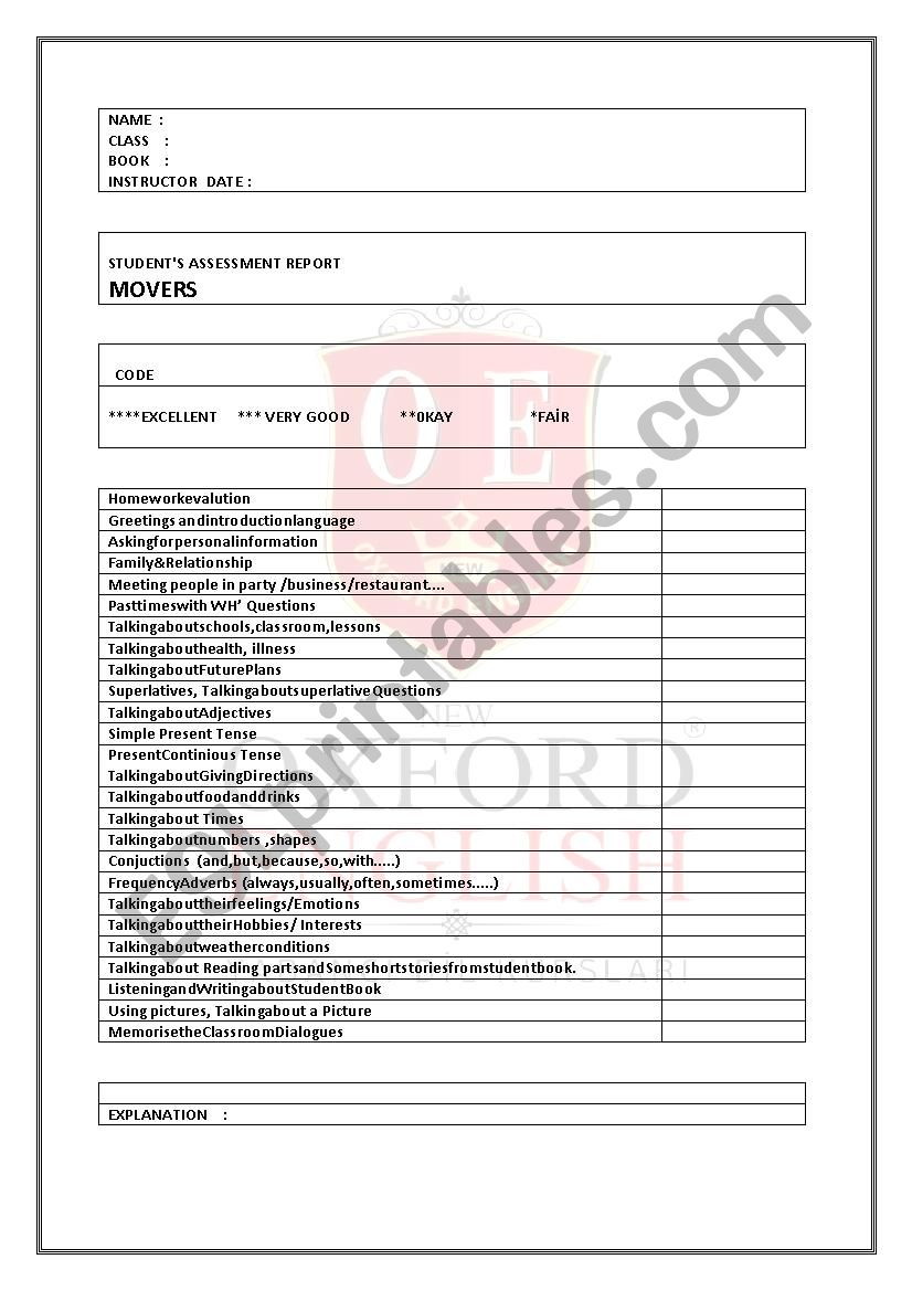 Assesstment report for MOVERS worksheet