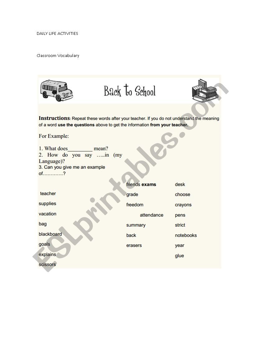 Daily life activities  worksheet