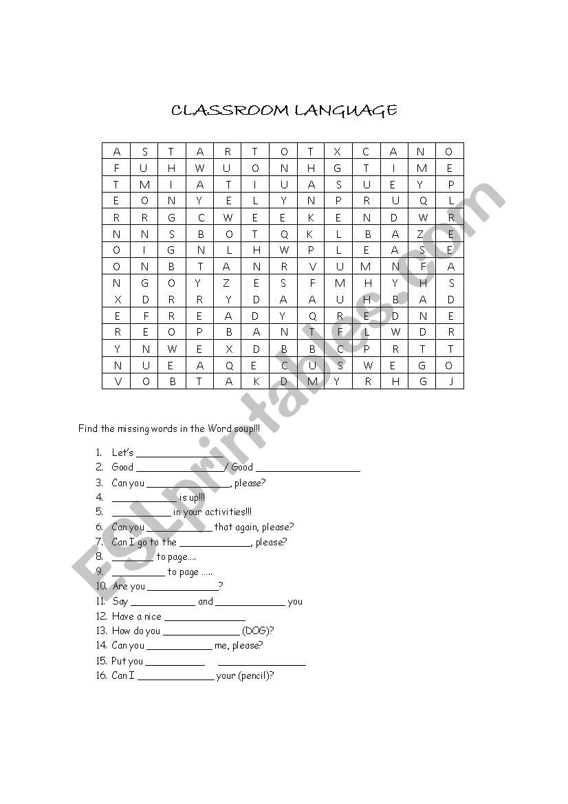 Classroom language worksheet