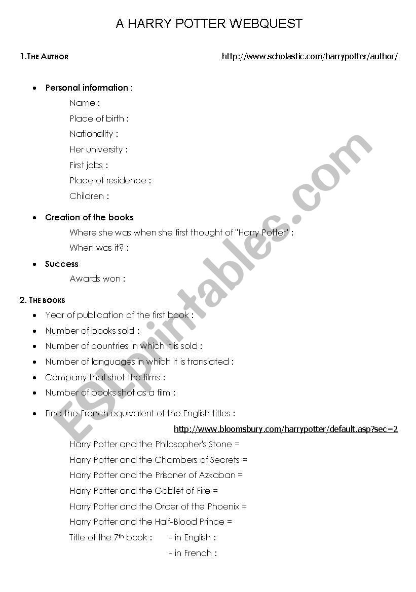 Harry Potter webquest worksheet