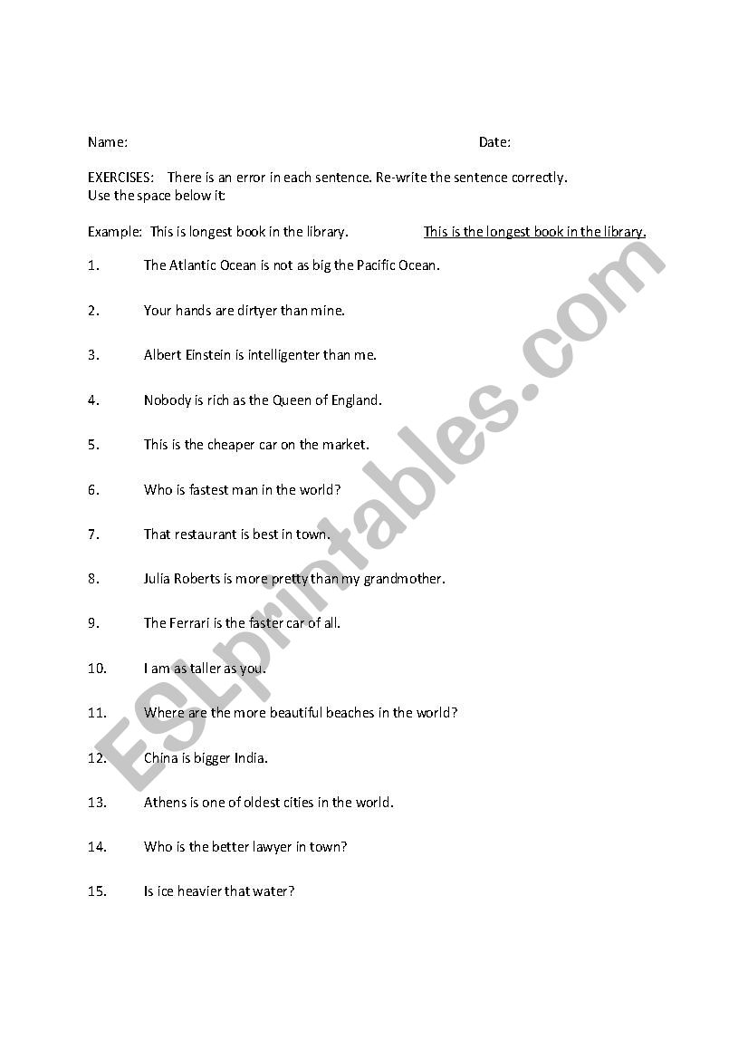 Quiz using Superlatives worksheet