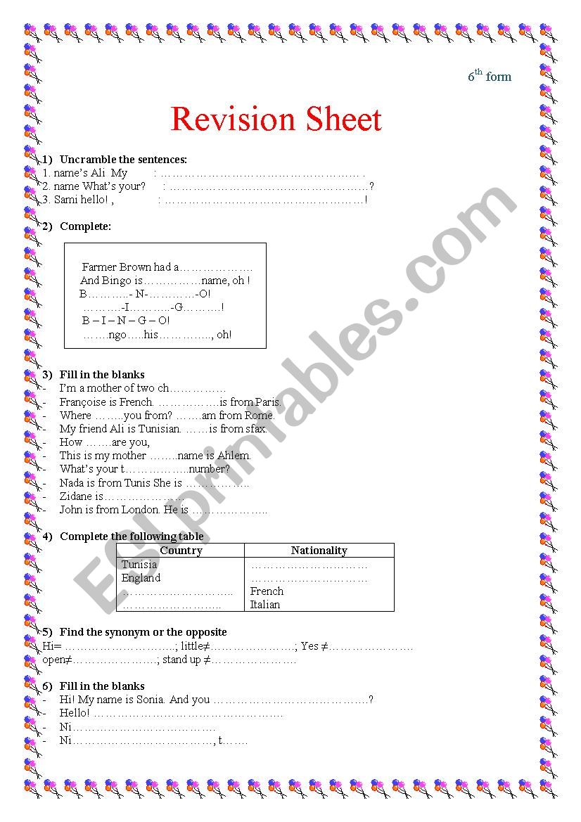 revision worksheet for 6th form