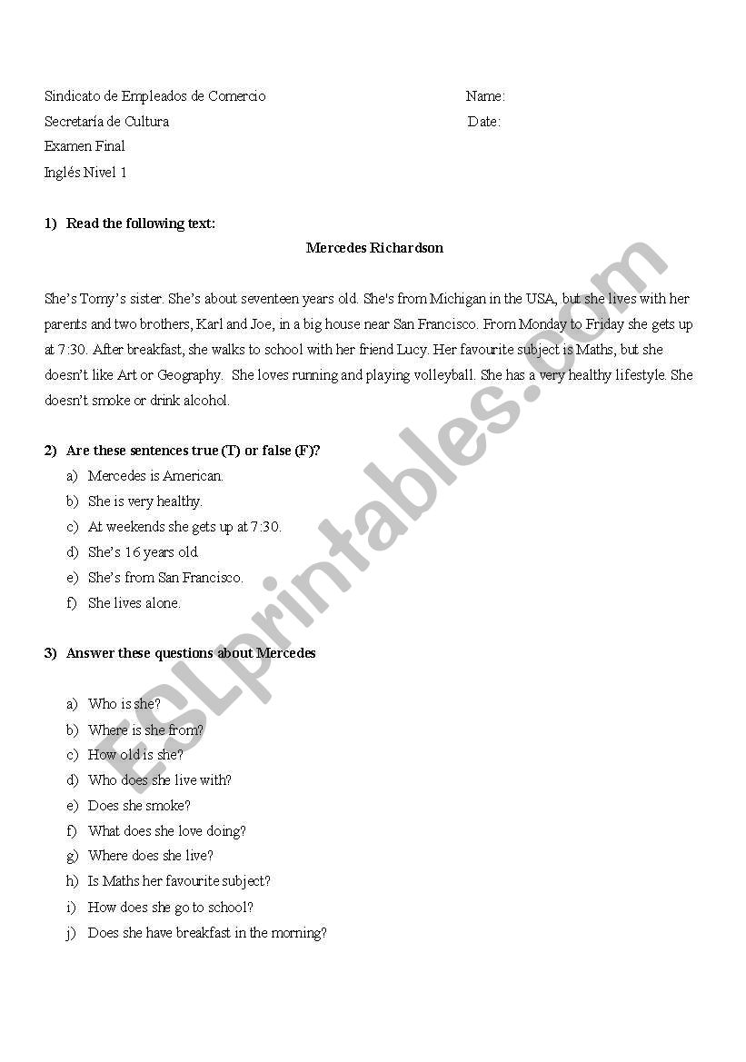 Test for beginners worksheet