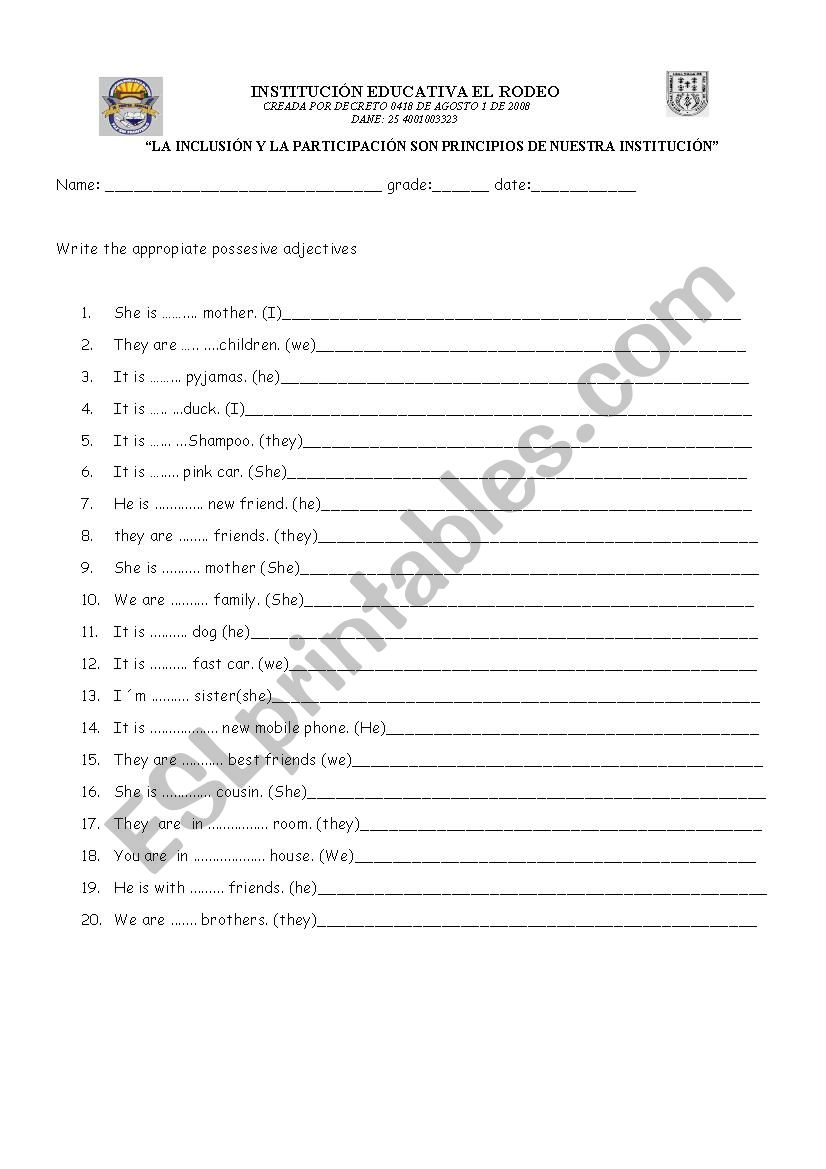 possessive adjectives worksheet