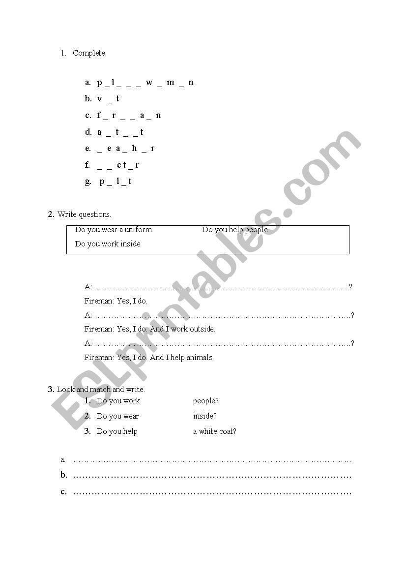 professions worksheet