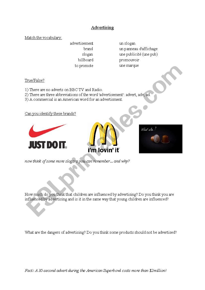 Advertising worksheet