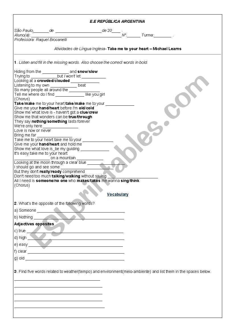 Take me to your heart worksheet