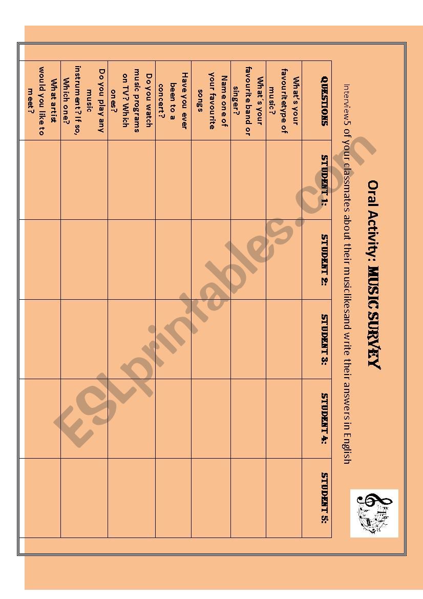 Music Survey worksheet