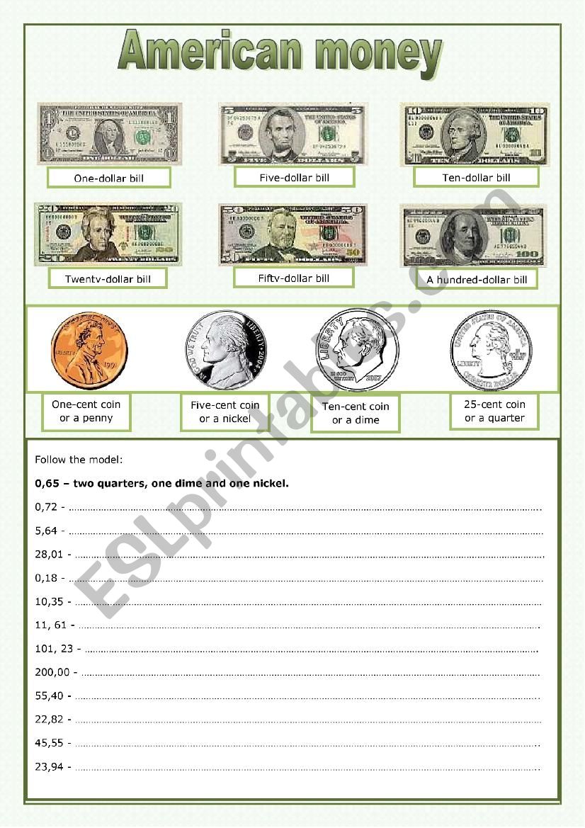 American money worksheet