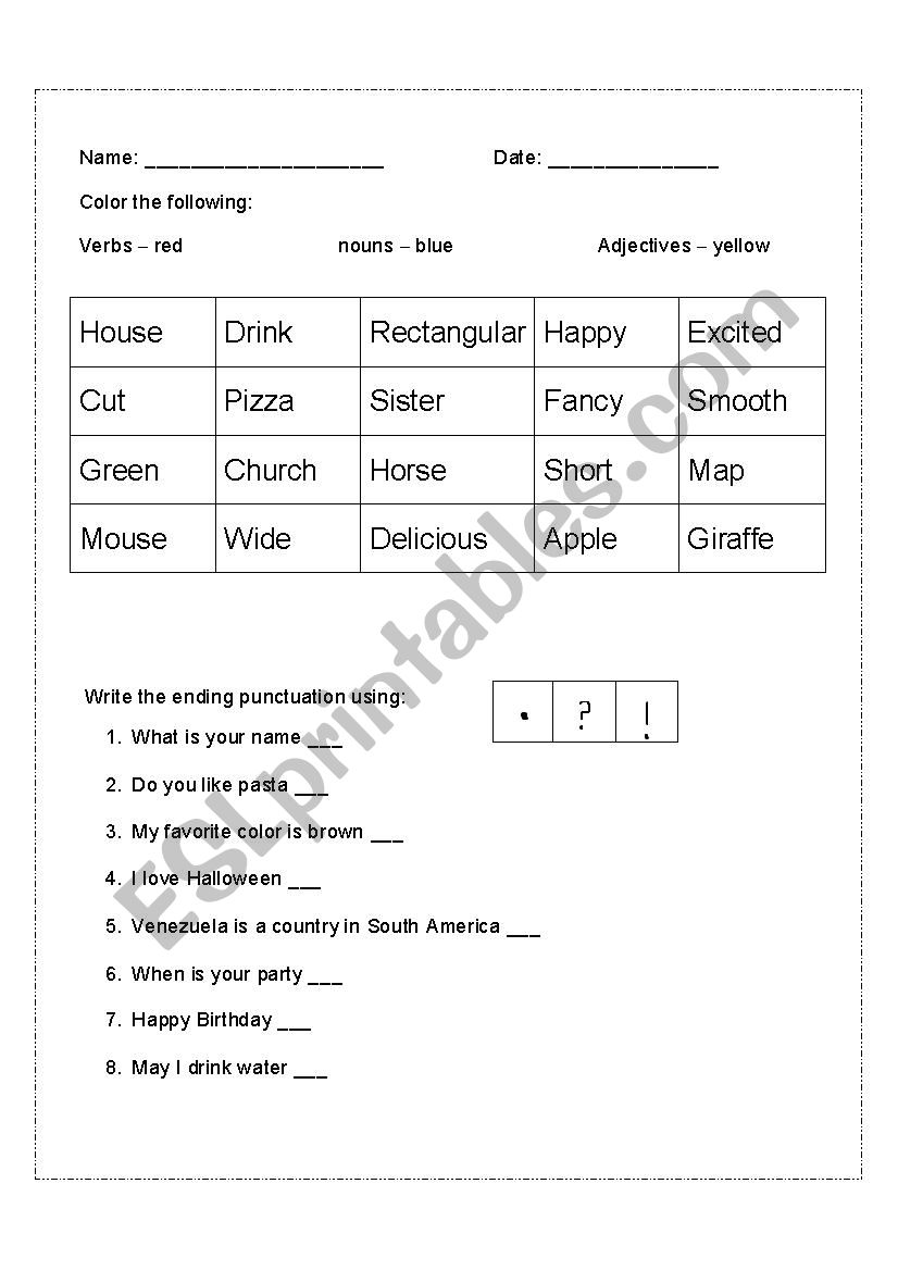 Mixed review:Adjectives, nouns and verbs; ending marks