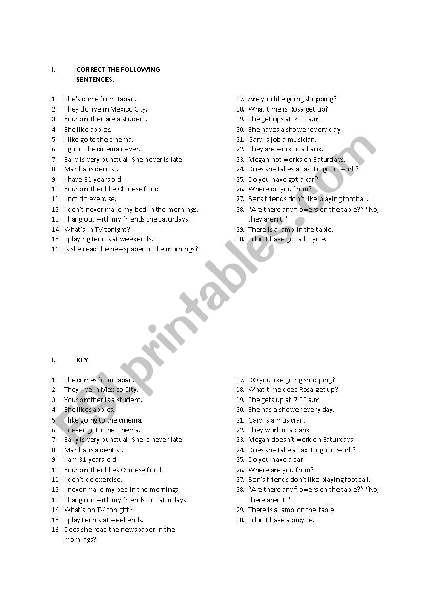 correct-the-following-sentences-basic-esl-worksheet-by-raul070782